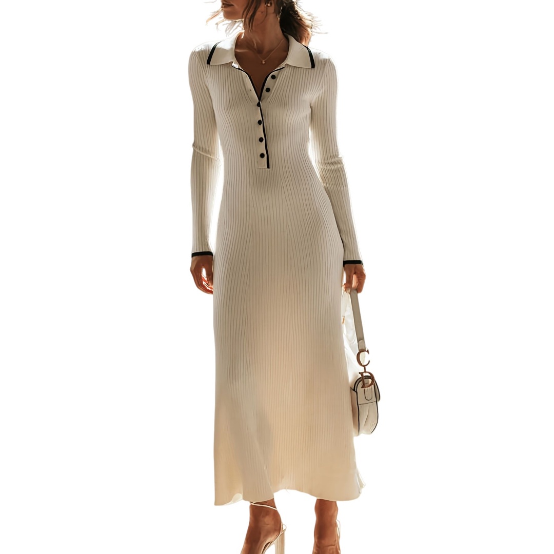 Womens Elegant Ribbed Knit Maxi Dress Elegant Lapel Contrast Casual Dress